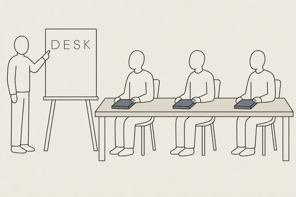 Four people at one table, three seated and turned toward a fourth standing at a board reading DESK