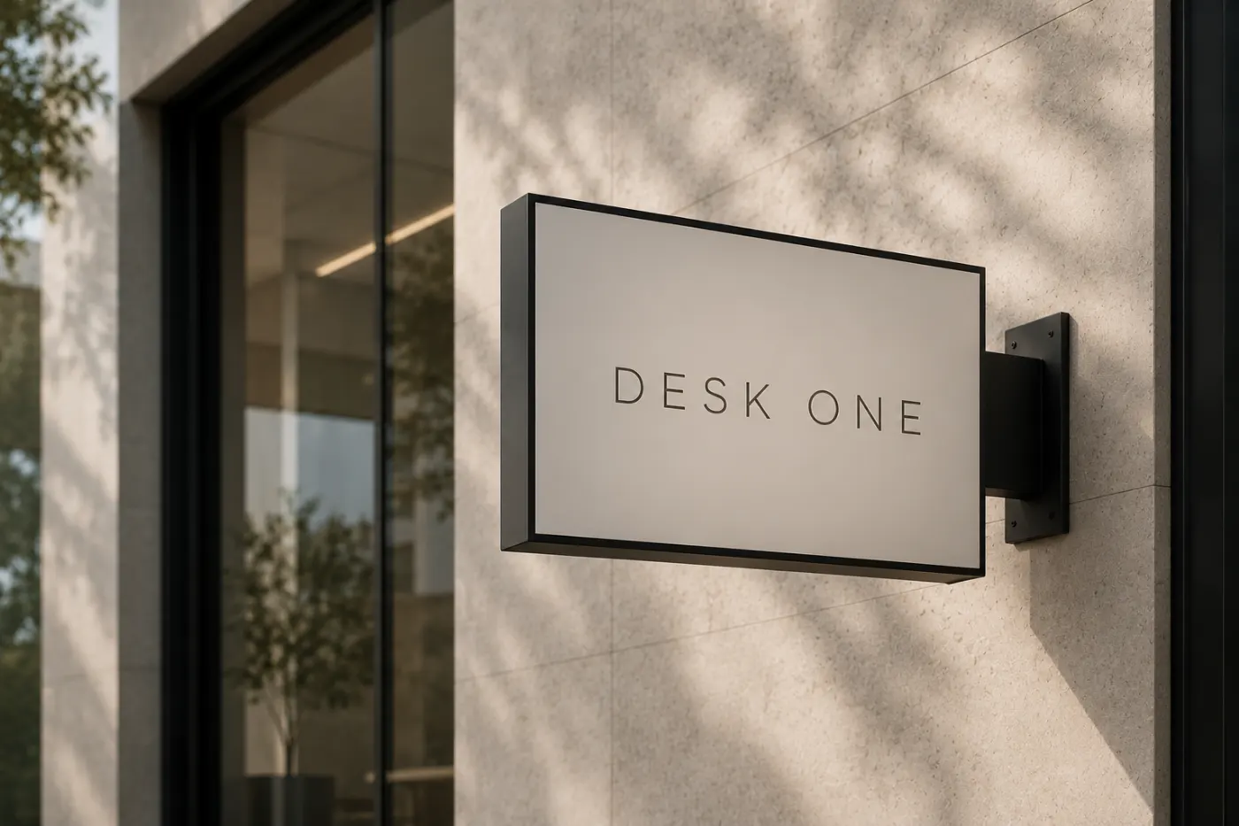 A Desk One blade sign on a limestone street front